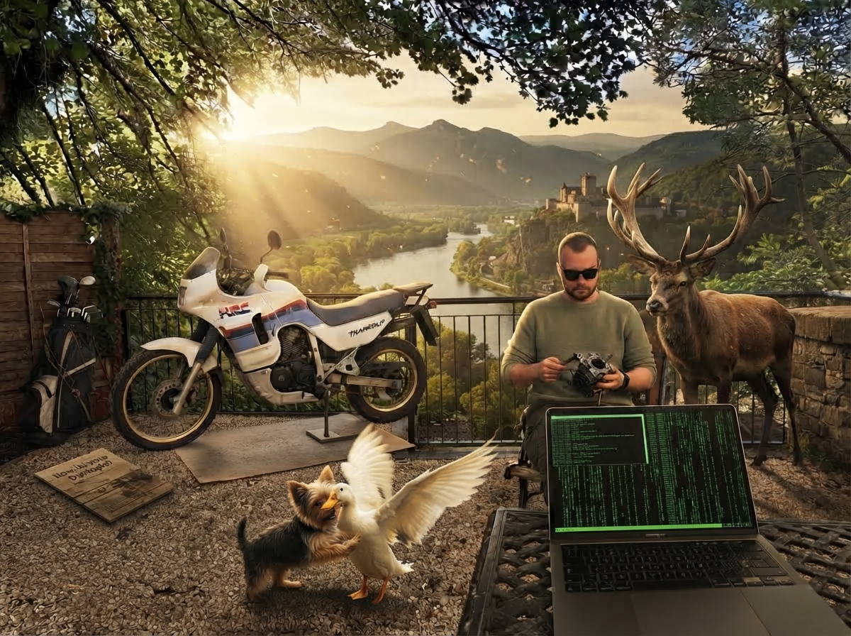 Conor Breen with a Honda motorbike, a duck, a dog, and a stag overlooking a river valley
